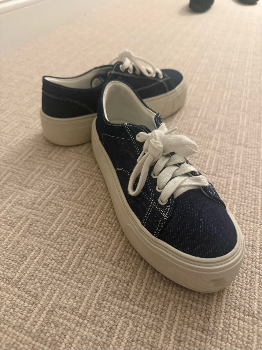 Zara Dark Navy Denim Blue and White Platform Sneakers